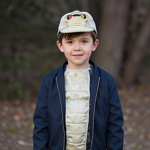 Photograph of a young boy with fair skin, brown eyes, and short black hair, wearing a white cap with goggles, black jacket, and white