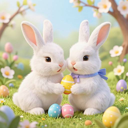 Photograph of two adorable, white, fluffy bunnies with black eyes, one wearing a blue bow, holding colorful Easter eggs, sitting on green