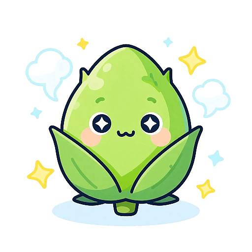 Cute digital drawing of a green, chibi-style seedling with round black eyes, pink blush, and sparkles, standing on a leaf.
