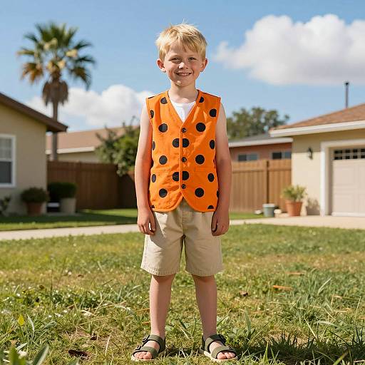 Smiling Boy in Orange Polka Dot Vest Outdoors