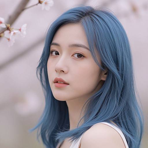 Close-up photograph of an Asian woman with blue hair, fair skin, and soft makeup, looking slightly to the side, with blurred branches and white bloss