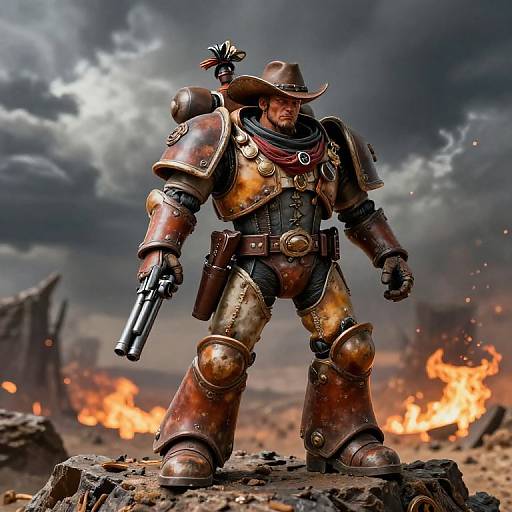 Photorealistic digital painting of a muscular, armored cowboy with a gun, brown hat, and feather, standing in a fiery, stormy desert landscape