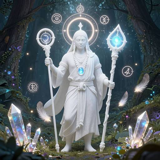 Photograph of a glowing white statue of a serene, robed figure holding a staff and orb, surrounded by magical crystals and glowing symbols in a mystical