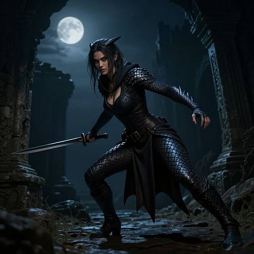 Digital artwork of a fierce, dark-haired woman in black, scaly armor, holding a sword under a full moon in a ruined, ancient temple.