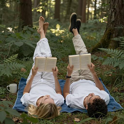 Couple Reading Books in Sunlit Forest