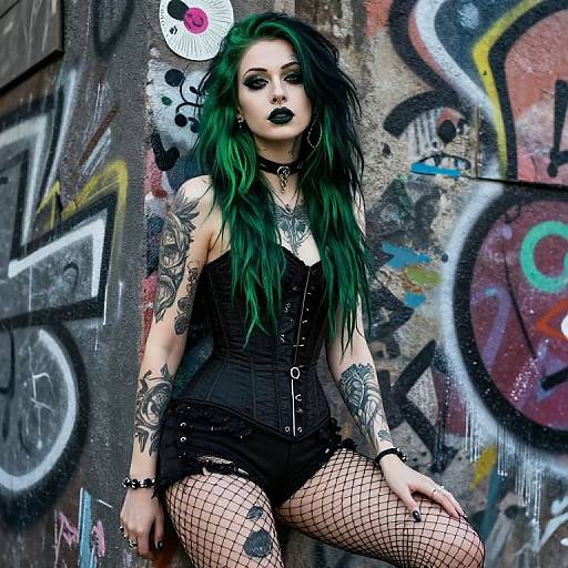 Gothic punk woman with green hair, black corset, fishnet stockings, tattoos, and black lipstick, leans against graffiti-covered wall. Phot