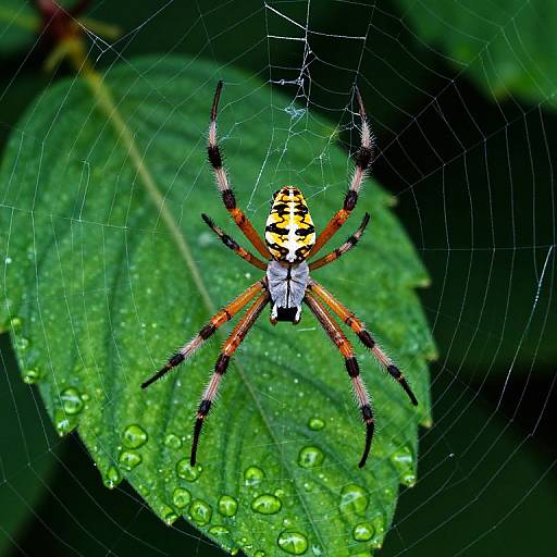 Close-up photograph of a vibrant spider with black, orange, and white striped body, hanging on a dew-covered green leaf, centered in its intricate web