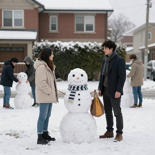 Couple Talking to Snowman on Snowy Street