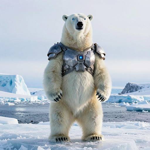 Photorealistic CGI of a standing polar bear in futuristic armor with metallic shoulder plates and a blue gem, set against a snowy, icy landscape.
