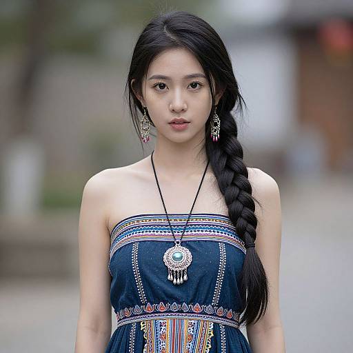 Photograph of an Asian woman with long black braid, wearing a blue embroidered strapless dress, large circular pendant necklace, and dangling earrings, standing