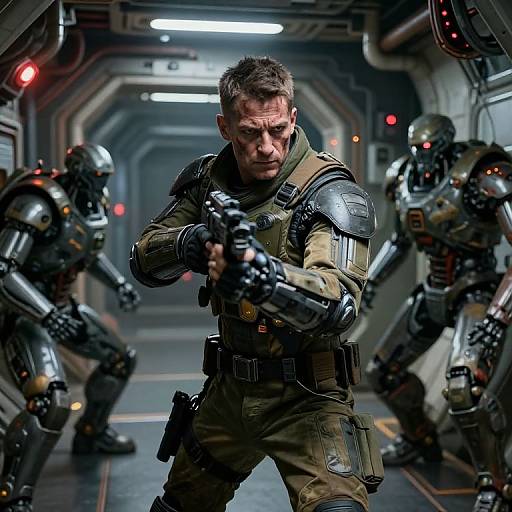 Photorealistic CGI of a muscular, determined man in tactical armor, aiming a gun in a futuristic, dimly-lit corridor, flanked by