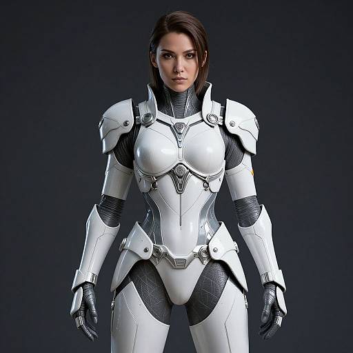 CGI image of a strong, serious-looking woman with short brown hair, wearing sleek, white and black futuristic armor against a dark background.