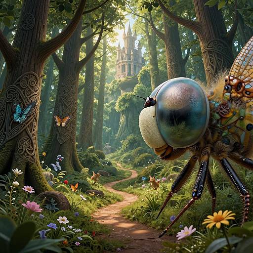 Digital fantasy artwork: A giant, colorful insect with a reflective blue eye stands in a sunlit, enchanted forest path, surrounded by butterflies, flowers,