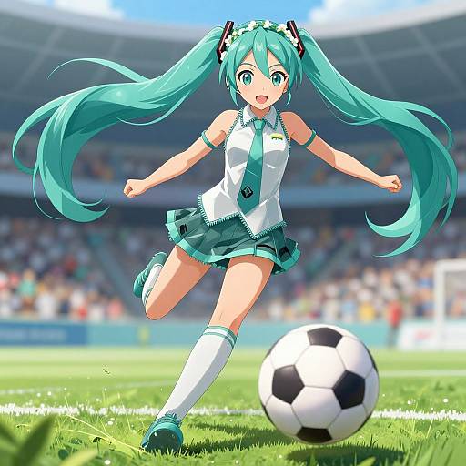 Digital anime-style drawing of Hatsune Miku, with turquoise twin-tails, running on a soccer field, kicking a black-and-white ball, wearing
