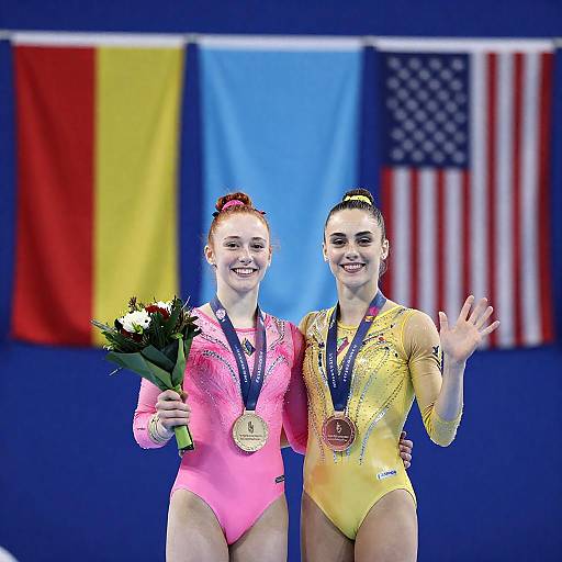 Female Gymnasts with Medals and Flowers