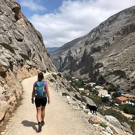 Photograph of a woman with a blue backpack and black shorts hiking a rocky mountain trail, with a black dog following, under a bright blue sky.