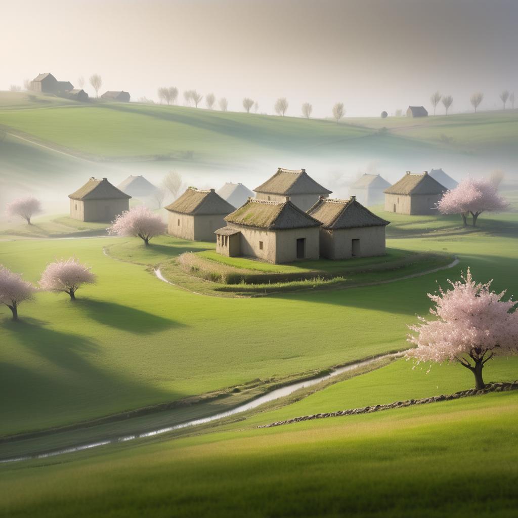 Serene Village with Cherry Blossoms