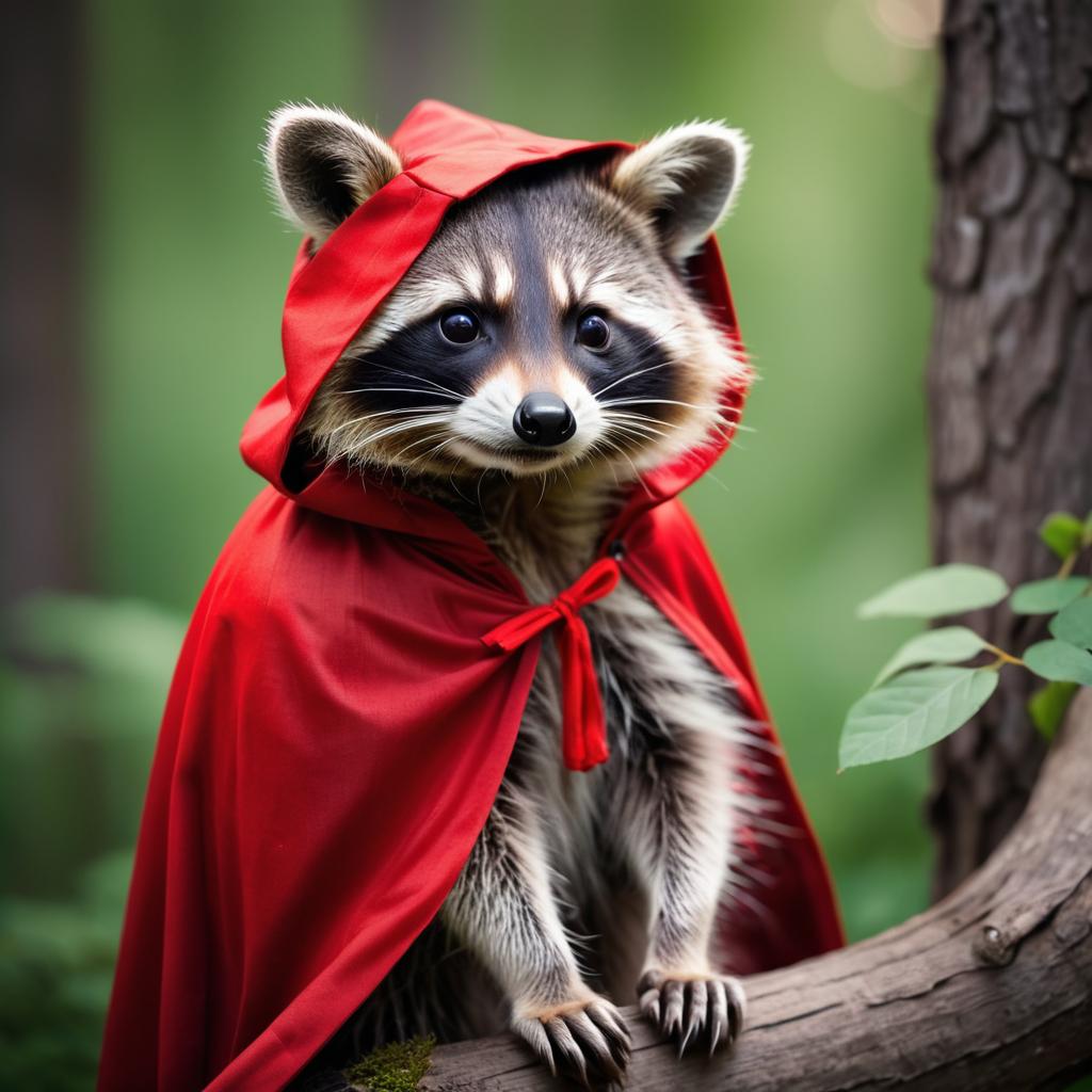 Whimsical Raccoon in Red Riding Hood