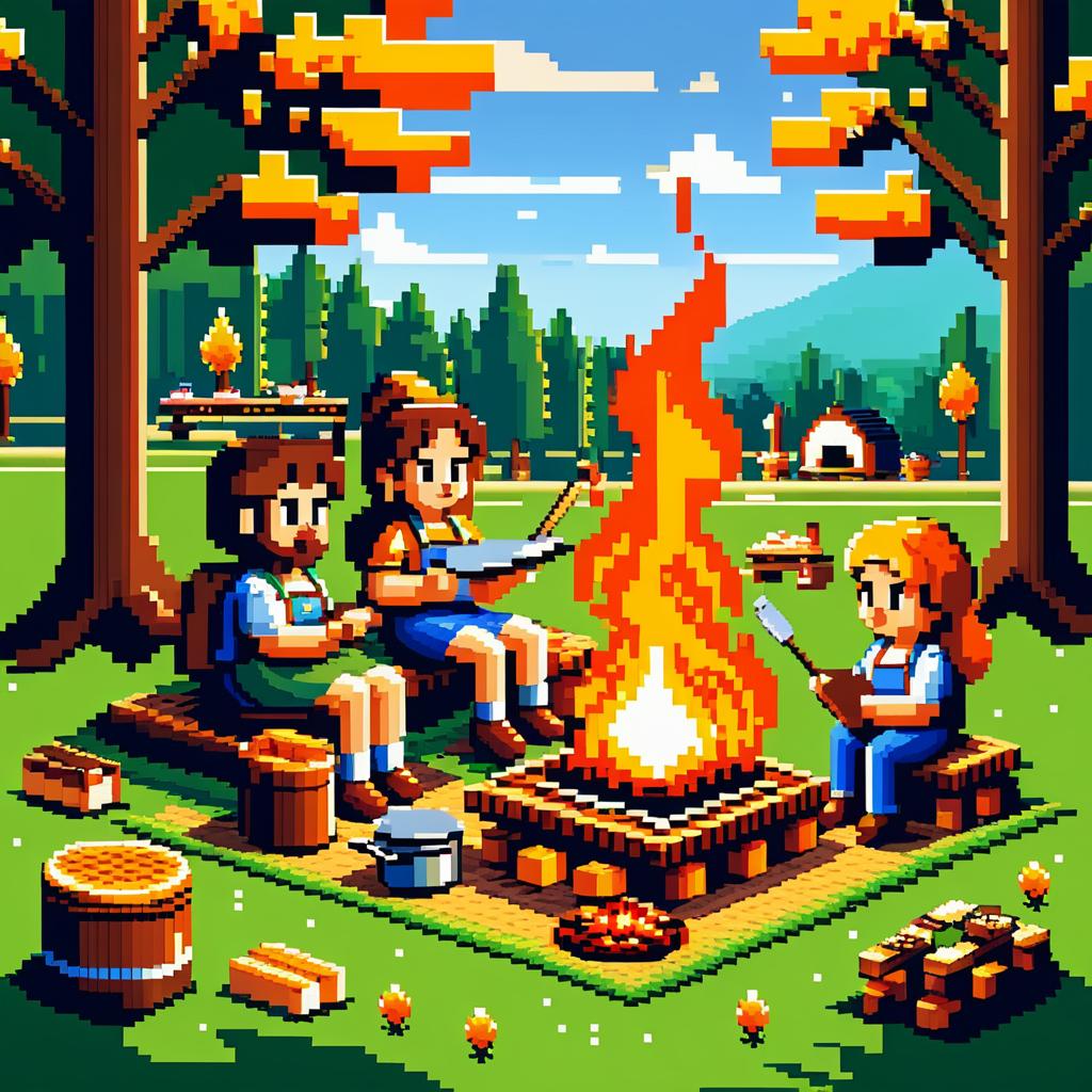 Retro 8-Bit Picnic with Campfire Cooking