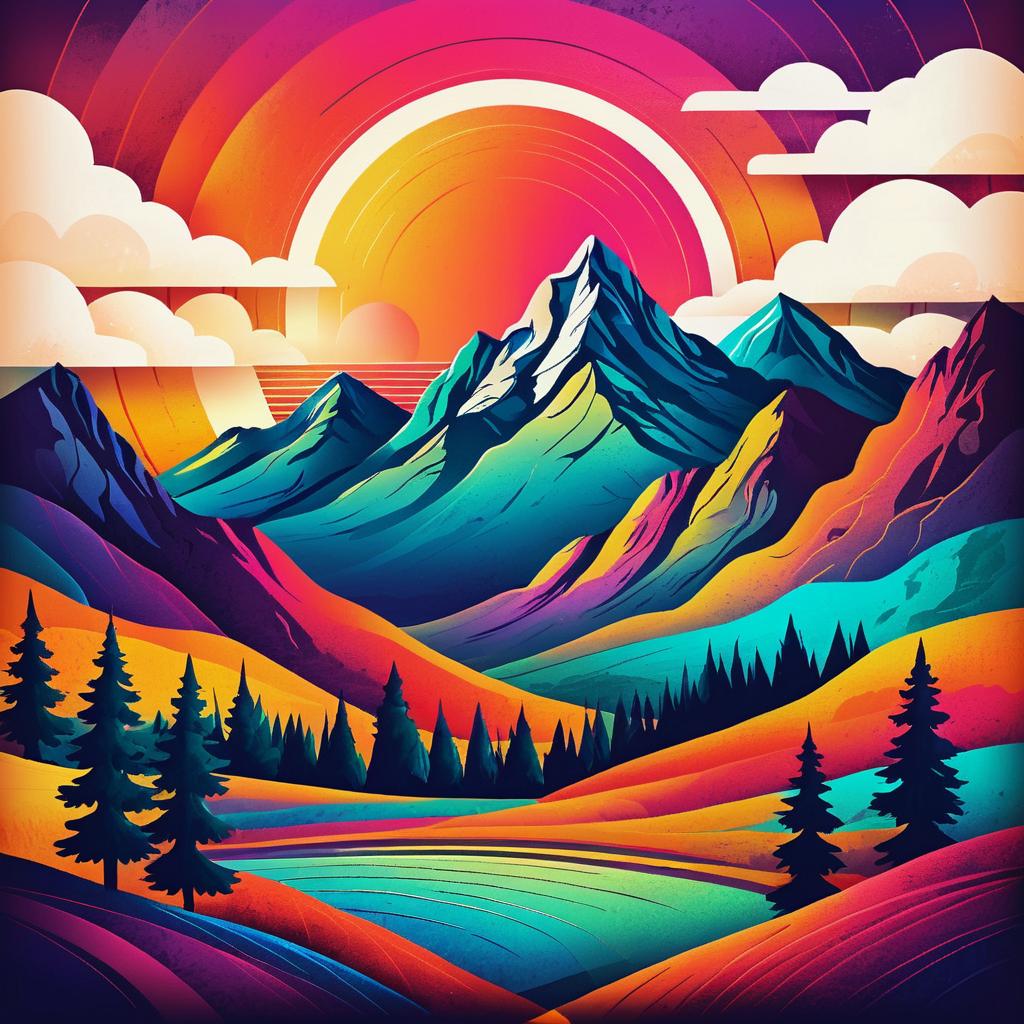 Vibrant Retro Mountain Landscape Illustration