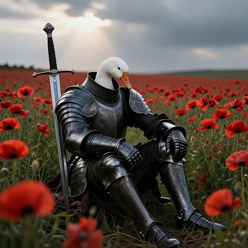 Melancholic Goose-Headed Knight in Poppies