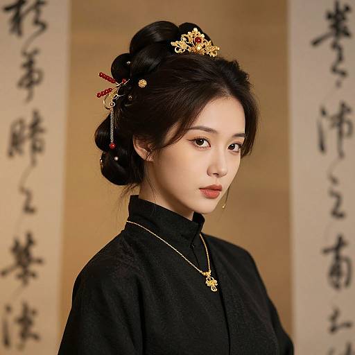 Photograph of a beautiful East Asian woman with pale skin, black hair in an elegant updo, wearing a black traditional outfit, gold jewelry, and