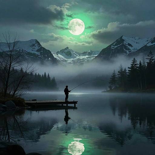 Silhouetted fisherman on dock, fishing under glowing full moon, reflected in serene lake, surrounded by misty forest and snow-capped mountains