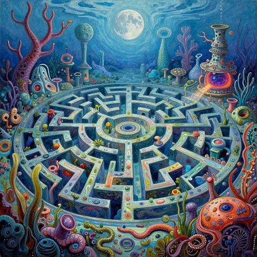 Vibrant, surreal underwater maze illuminated by a full moon, surrounded by colorful, fantastical sea creatures and coral, in a detailed digital art style