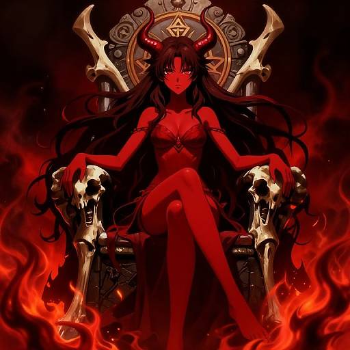 Digital anime-style illustration of a red-skinned demon queen with black hair, horns, and red eyes, sitting on a throne with skull armrests