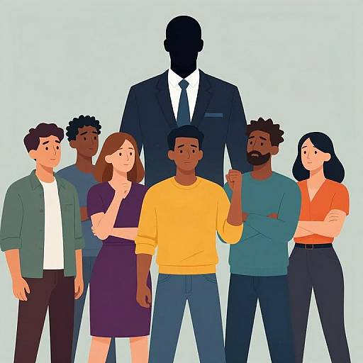 Digital illustration of diverse group standing together: tall, faceless man in suit, six people in casual clothes, diverse skin tones, different hairstyles, front