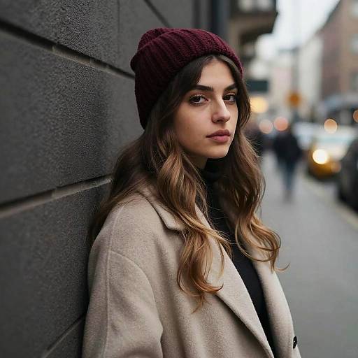 Photograph of a young woman with long brown hair, wearing a maroon knit beanie, beige coat, and black turtleneck, leaning against