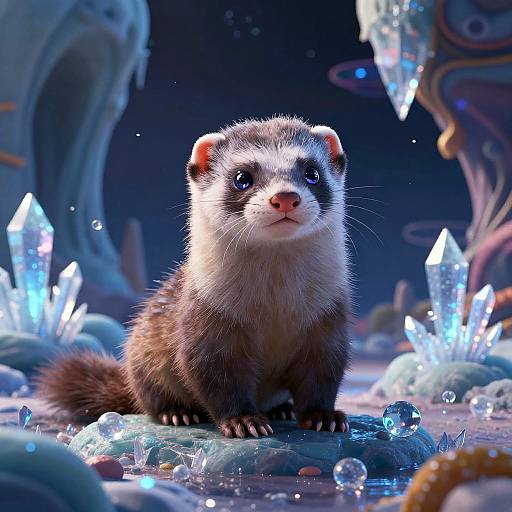 Digital art: Adorable, fluffy ferret with black and white fur, big blue eyes, and pink nose, sitting among glowing ice crystals in a