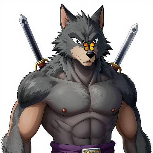 Digital art of a muscular, anthropomorphic wolf with dark gray fur, yellow eyes, and swords on his back. He's shirtless, showing defined