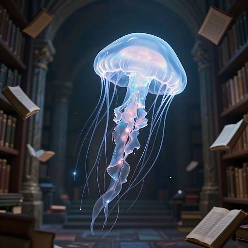 Ethereal Jellyfish in Ancient Library