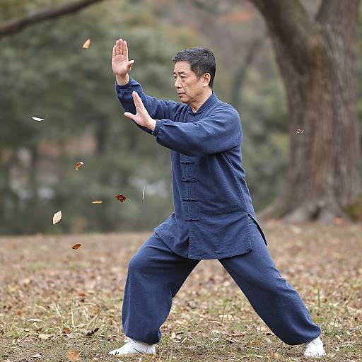 Photograph of an East Asian man in a blue traditional martial arts uniform performing a wide stance with raised hands outdoors, surrounded by falling leaves and a blurred