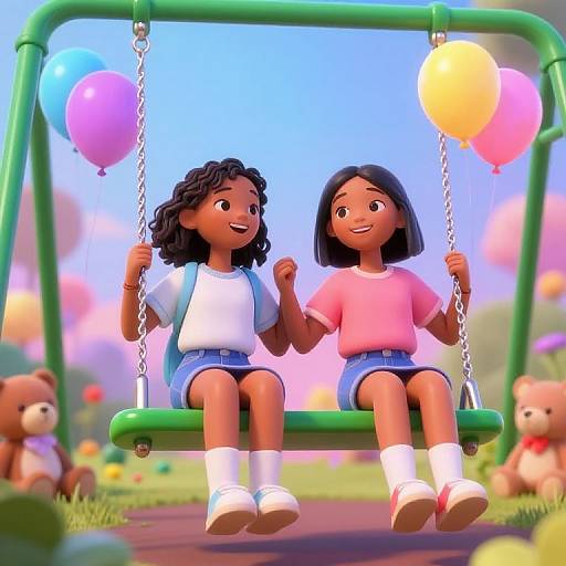 Digital illustration of two smiling Black girls with curly and straight hair, wearing white and pink shirts, sitting on a green swing with colorful balloons, surrounded by