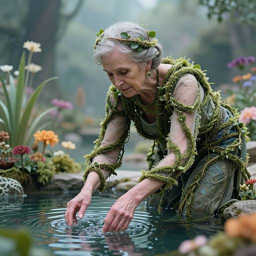 Photograph: Elderly woman with white hair, dressed in green, vine-covered dress, bends to touch water in a serene, flower-filled garden pond