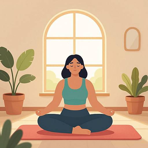 Digital illustration of a woman with black hair, wearing a teal sports bra and dark blue pants, meditating in a sunlit room with two potted