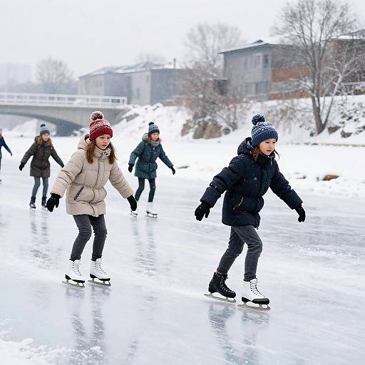 Russian Tweens Skating on Icy River