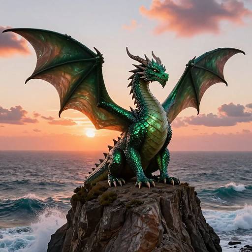 Photorealistic digital art: majestic, green-scaled dragon with glowing scales and large wings standing on rocky cliff at sunset over ocean.