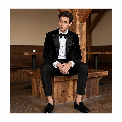 Photograph of a handsome man with dark hair, wearing a black tuxedo, white shirt, black bow tie, and polished black shoes, sitting