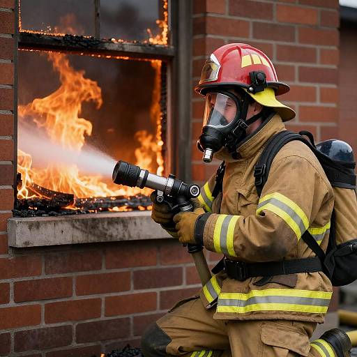 Kneeling Firefighter Aiming Hose Into Blaze
