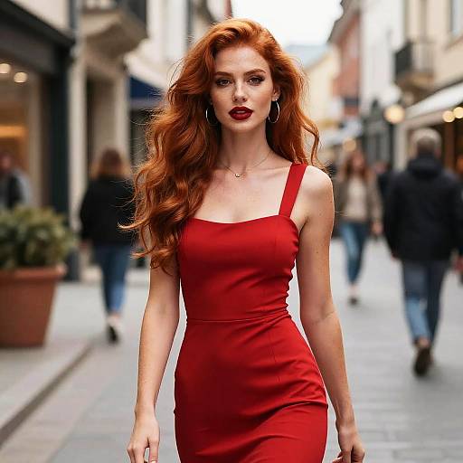 Photograph of a confident red-haired woman in a form-fitting, sleeveless red dress, walking down a bustling city street with blurred pedestrians in the