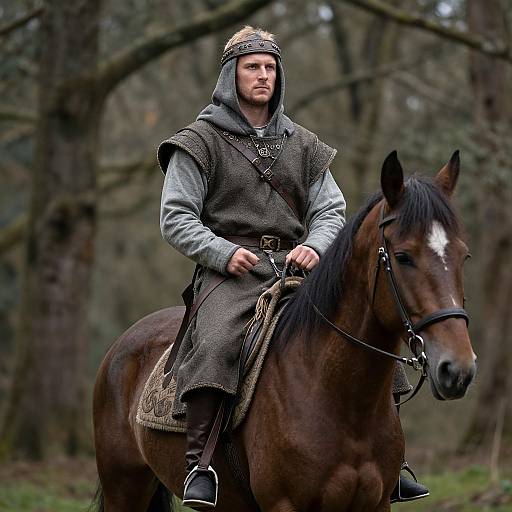 Photograph of a serious, bearded man in medieval armor riding a brown horse in a dense, forested background.