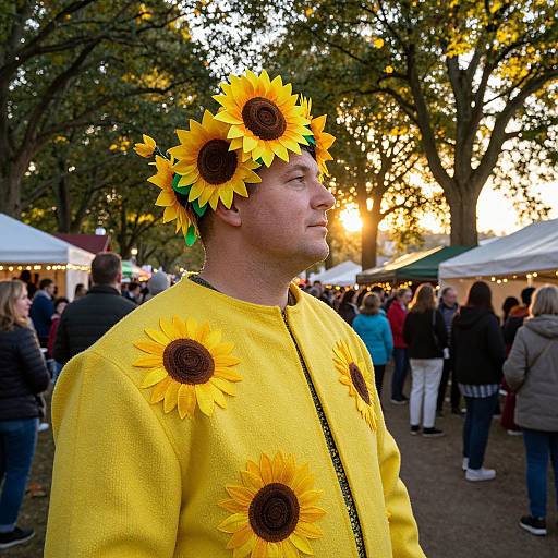 Photograph of a man in a bright yellow sunflower costume and headpiece, standing in a crowded outdoor market at sunset.