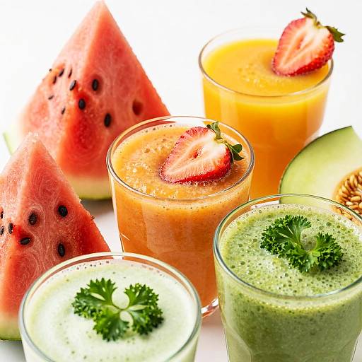 Photograph of colorful fruit smoothies with watermelon, strawberry, and cucumber slices, garnished with parsley, in clear glasses on white background.