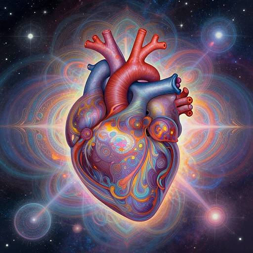 Digital artwork of a colorful, abstract human heart with vibrant swirls and patterns, floating in a cosmic, star-filled space.