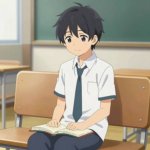 Anime-style drawing of a young boy with black hair, wearing a white shirt, black tie, and blue pants, sitting on a wooden bench in a