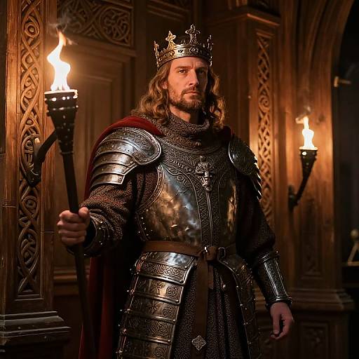 Photograph of a bearded, long-haired king in ornate medieval armor, crown, and red cloak, holding a torch, standing in a dim