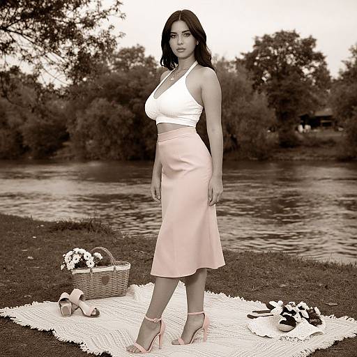 Photograph of a pregnant woman with dark hair, wearing a white top and pink skirt, standing on a picnic blanket by a river. Basket, shoes